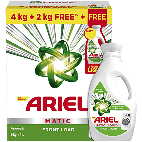 Ariel Matic Front Load Detergent Powder, 6 kg (Get .5 L Matic Liquid Free)