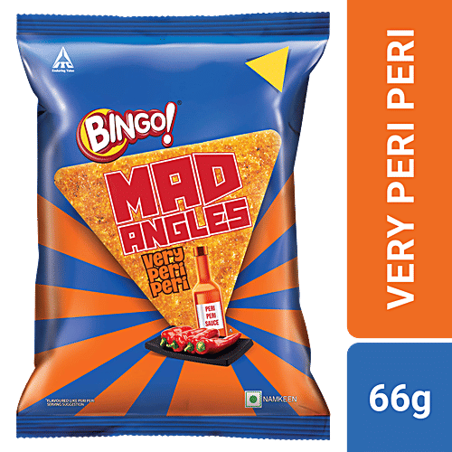 Bingo! Mad Angles Very Peri Peri - Spicy & Crunchy Corn Based Triangle Chips Pack For Snacks, 66 g