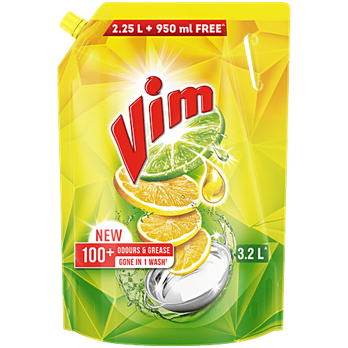 Vim Dishwash Liquid - Infused With Power Of Lemons That Leaves No Residue, 3.2 L
